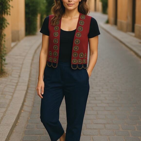 Double D Ranch Red Wool Western Horse Embroidered Sleeveless Vest - Picture 1 of 10